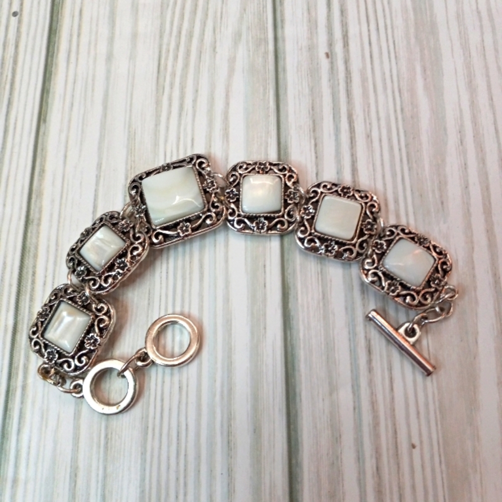 Silver Tone Costume Statement Bracelet With White Tile Stones - Picture 3 of 7